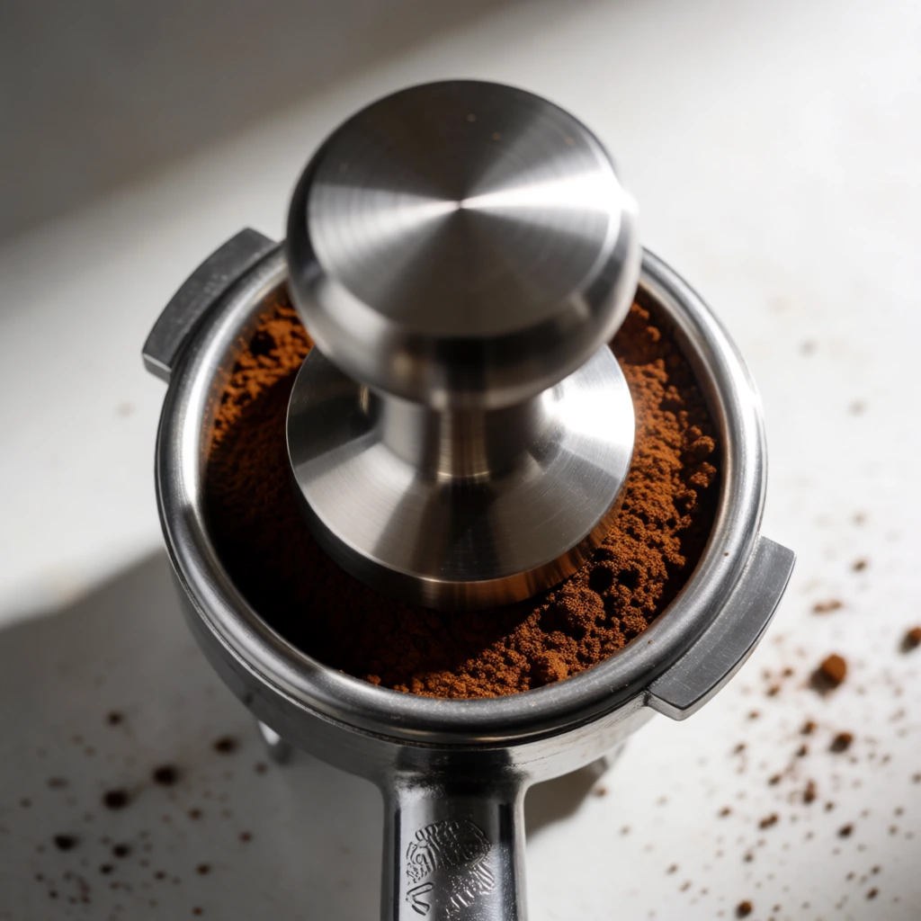 Espresso tamper on grounds