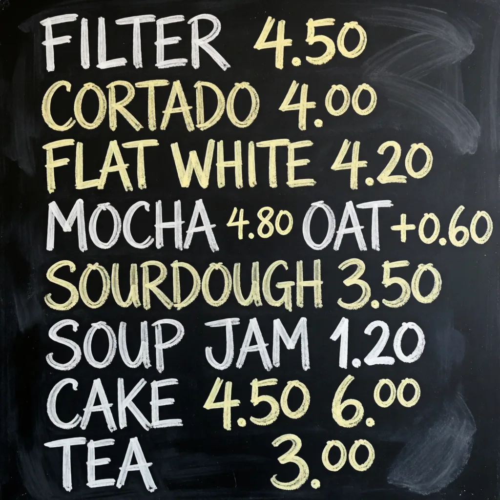 The chalkboard menu, every row written out