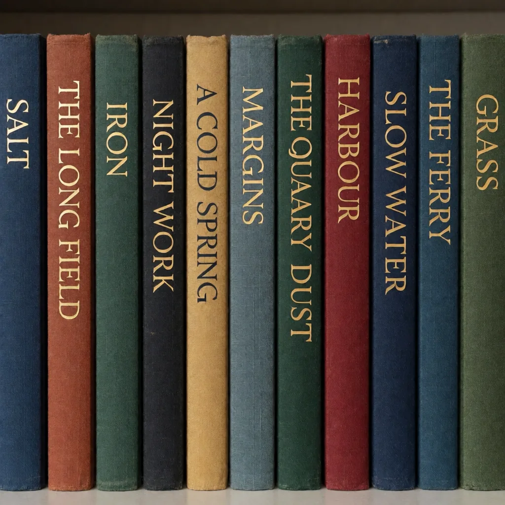 Twelve book spines, every title written out