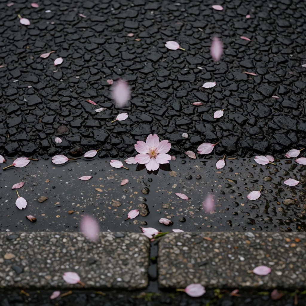 Blossom on wet tarmac