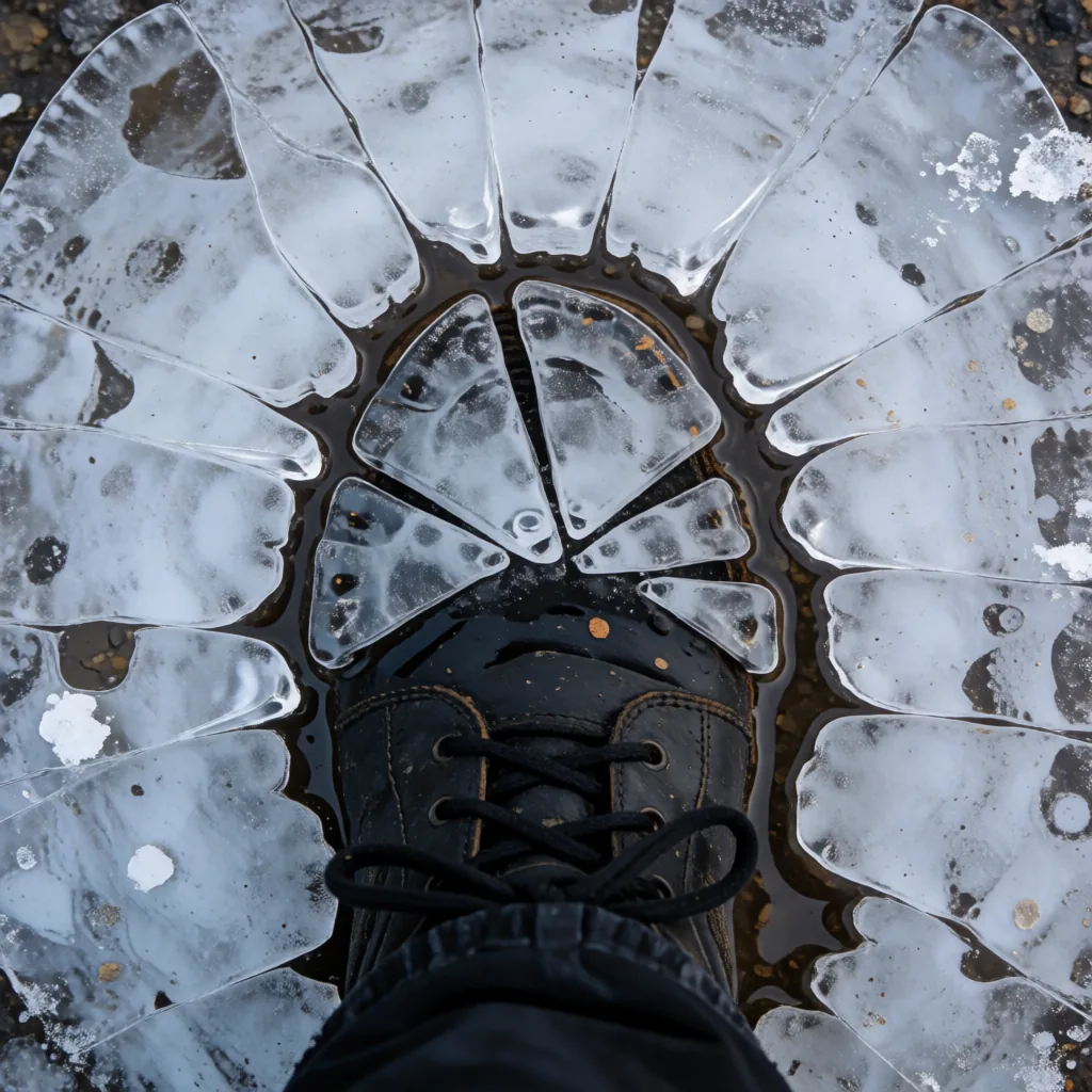 Ice on a puddle, broken