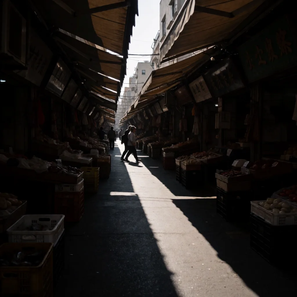 Market alley, hard shadow
