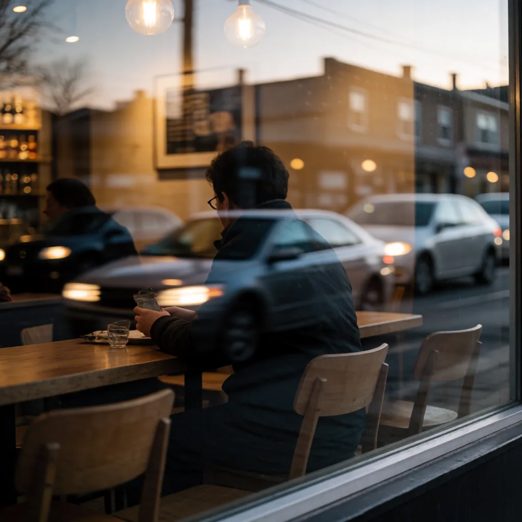 Cafe window, reflection layered