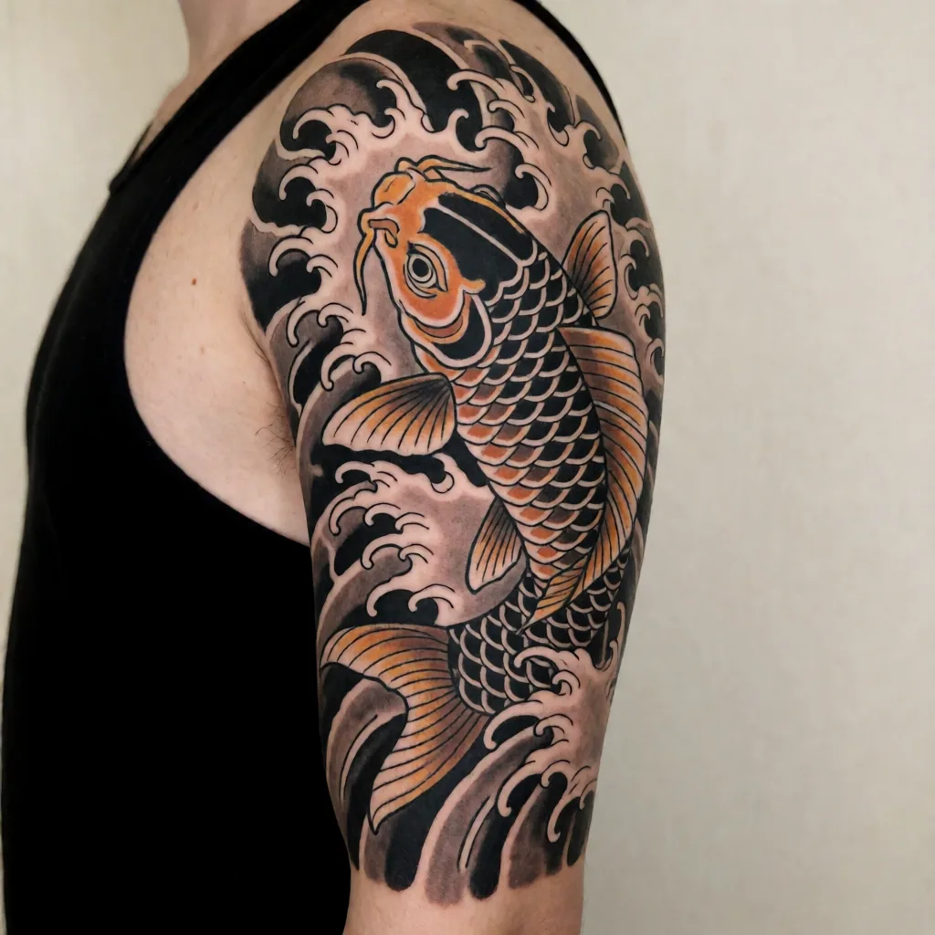 Japanese sleeve, wave and koi