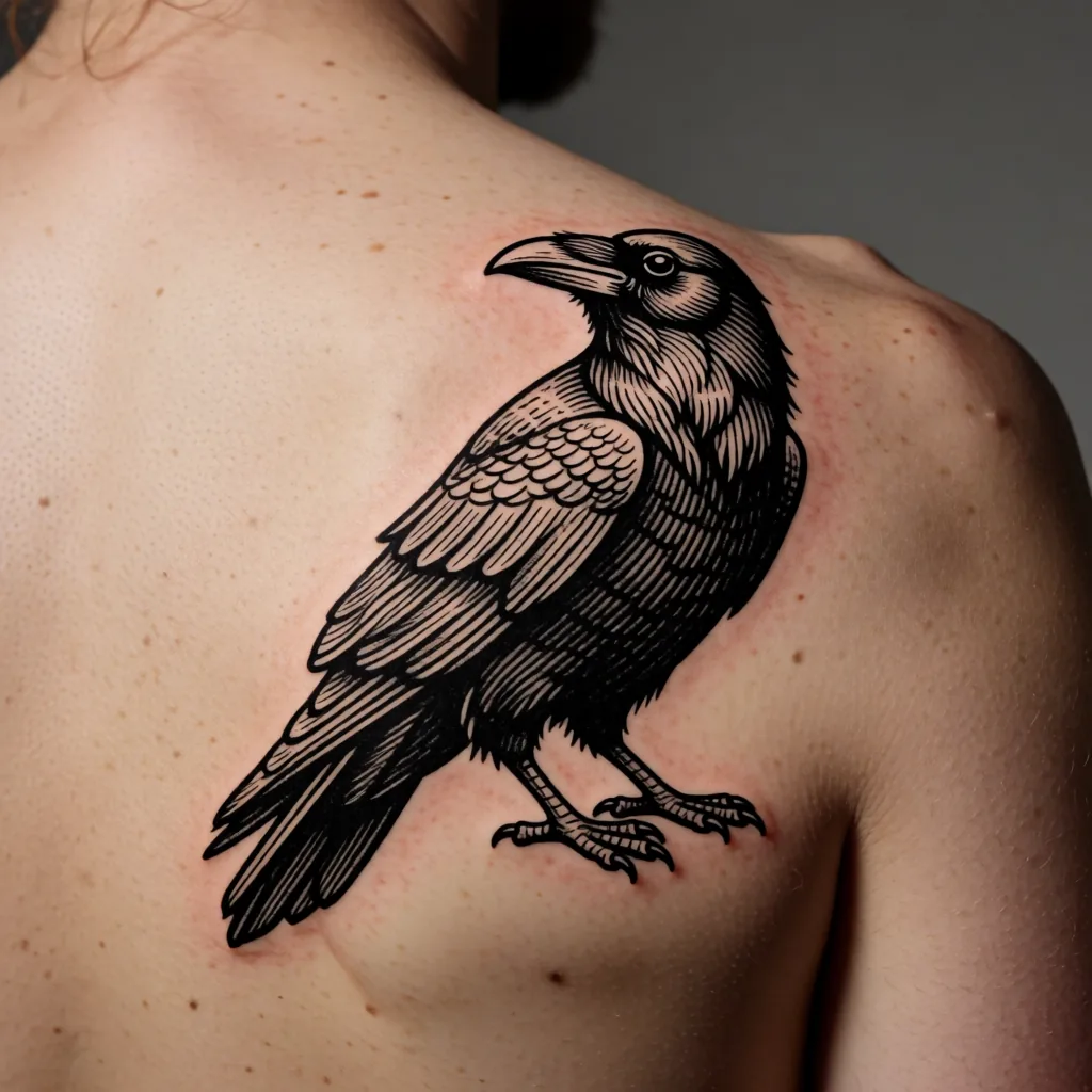 Woodcut-style raven