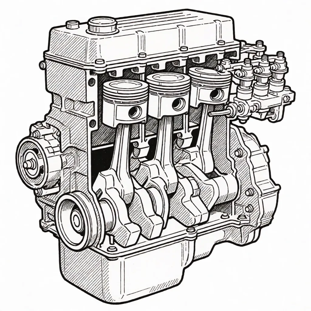 Engine cutaway, line only