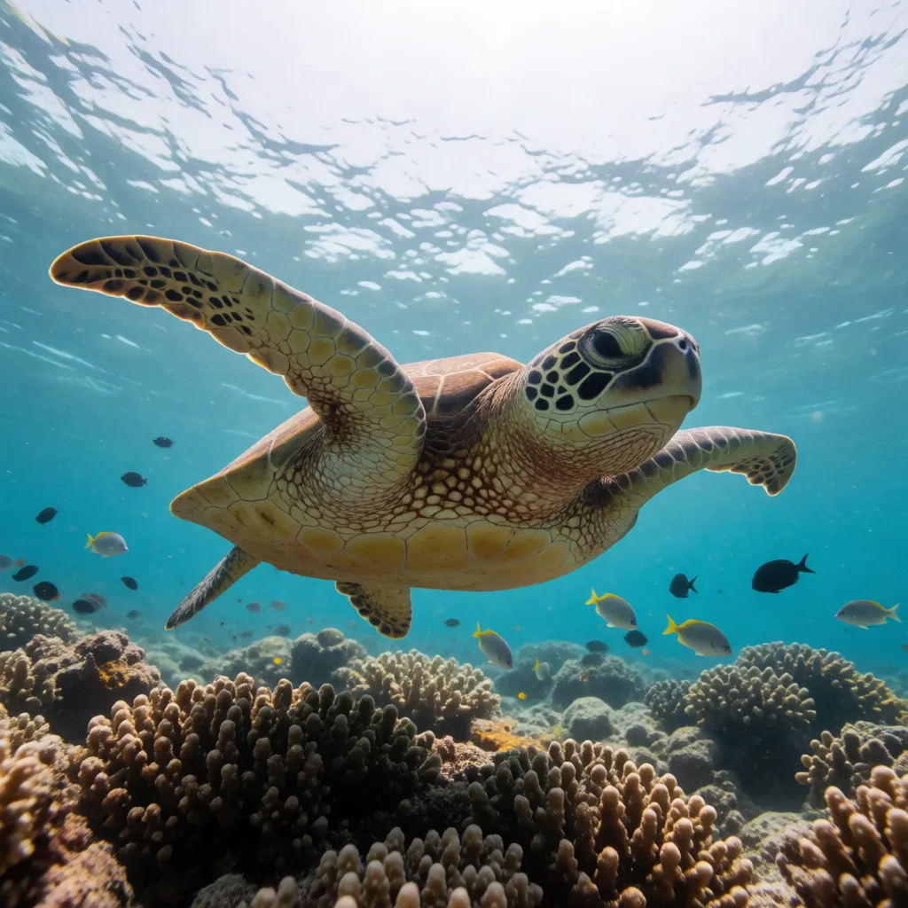 Turtle over reef