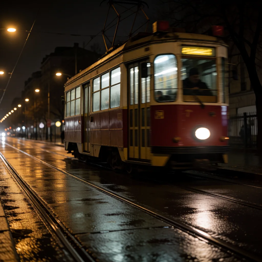 Tram at night, wet street
