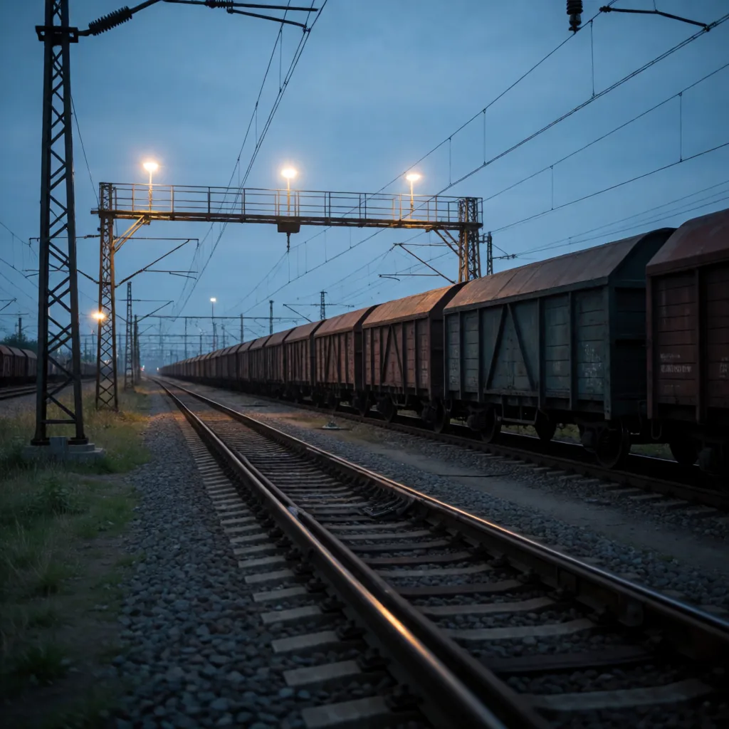 Freight yard at dusk
