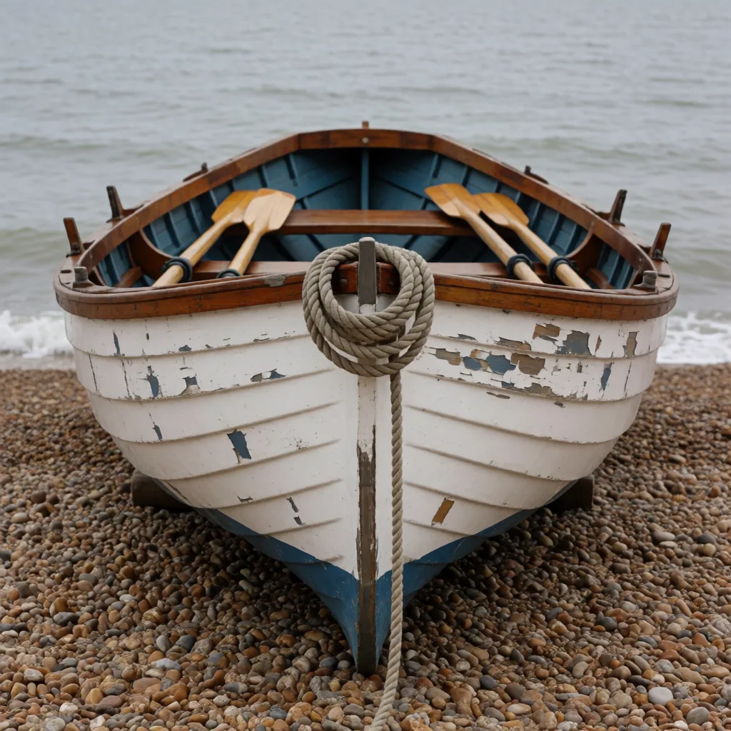 Rowing dinghy on shingle