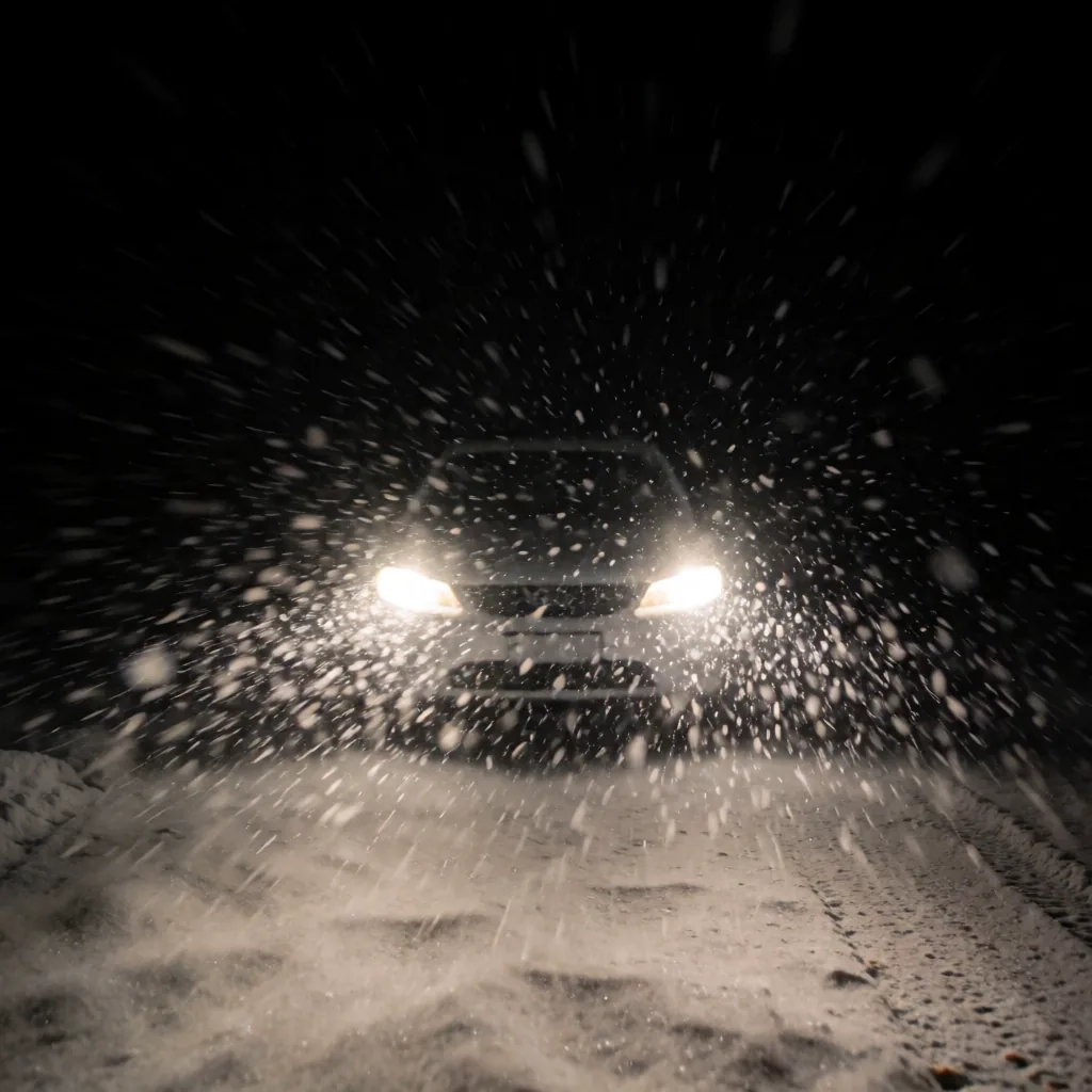 Snow squall in headlights